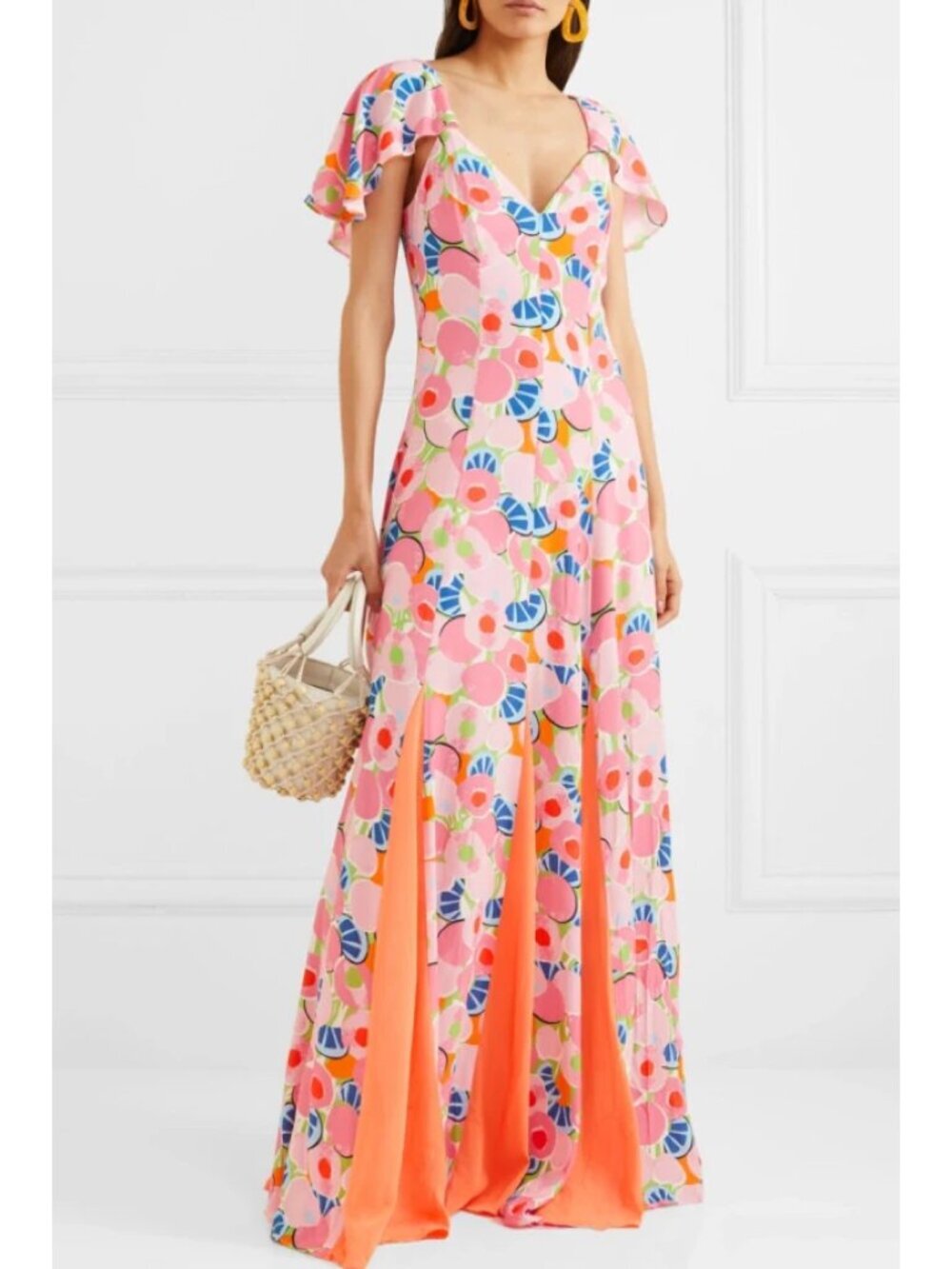STAUD Baya Pleated Crepe Maxi Dress Abstract Peach Blossom Tangerine